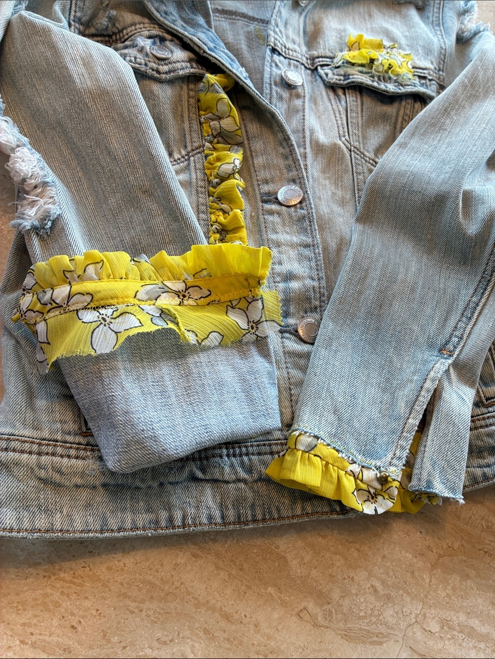 Ragamuffin Couture: embellished Denim Jacket women's M, yellow Floral ruffles - Picture 10 of 17